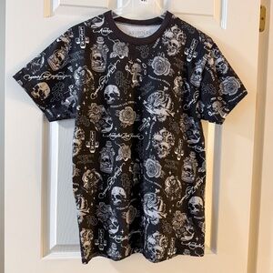 Holes Live Forever AOP Skulls Roses Tiger Cotton Tee M Y2K Ed Hardy Grunge Punk